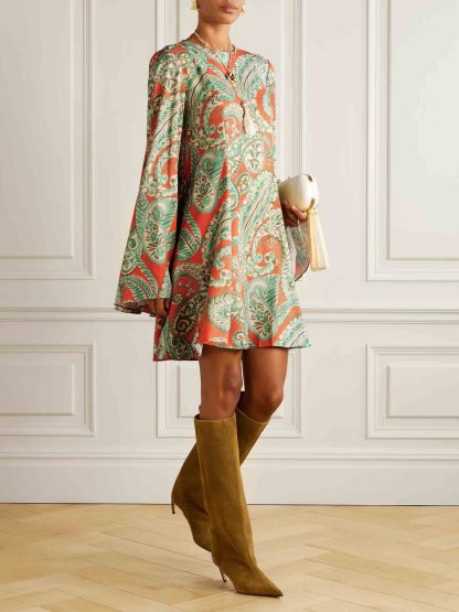 Retro Paisley Print Bell Sleeve Mini Dress