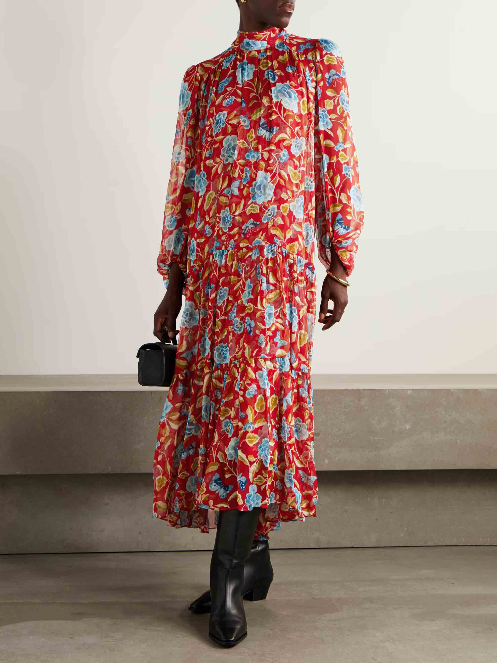 Exquisite High-neck Floral Print Chiffon Maxi Dress