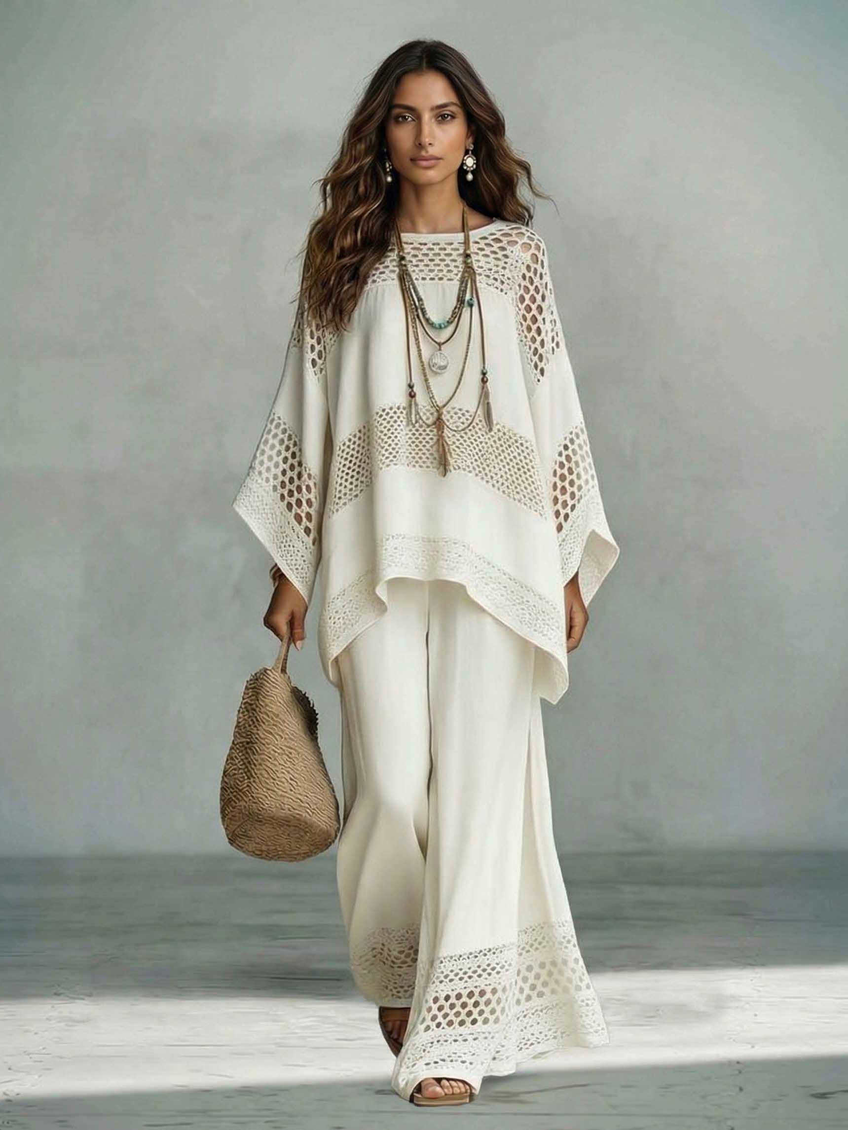 Exquisite Crocheted Lace Wide-Leg Pants Two-Piece Set