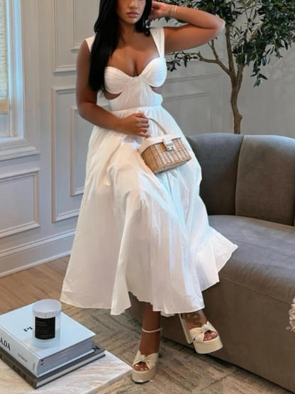 Elegant Pleated Cutout Backless Midi Dress