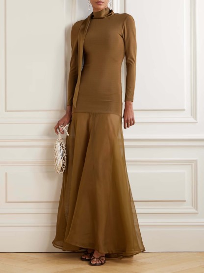 Elegant Long-sleived Stretch-thread Mesh Flowy Maxi Dress