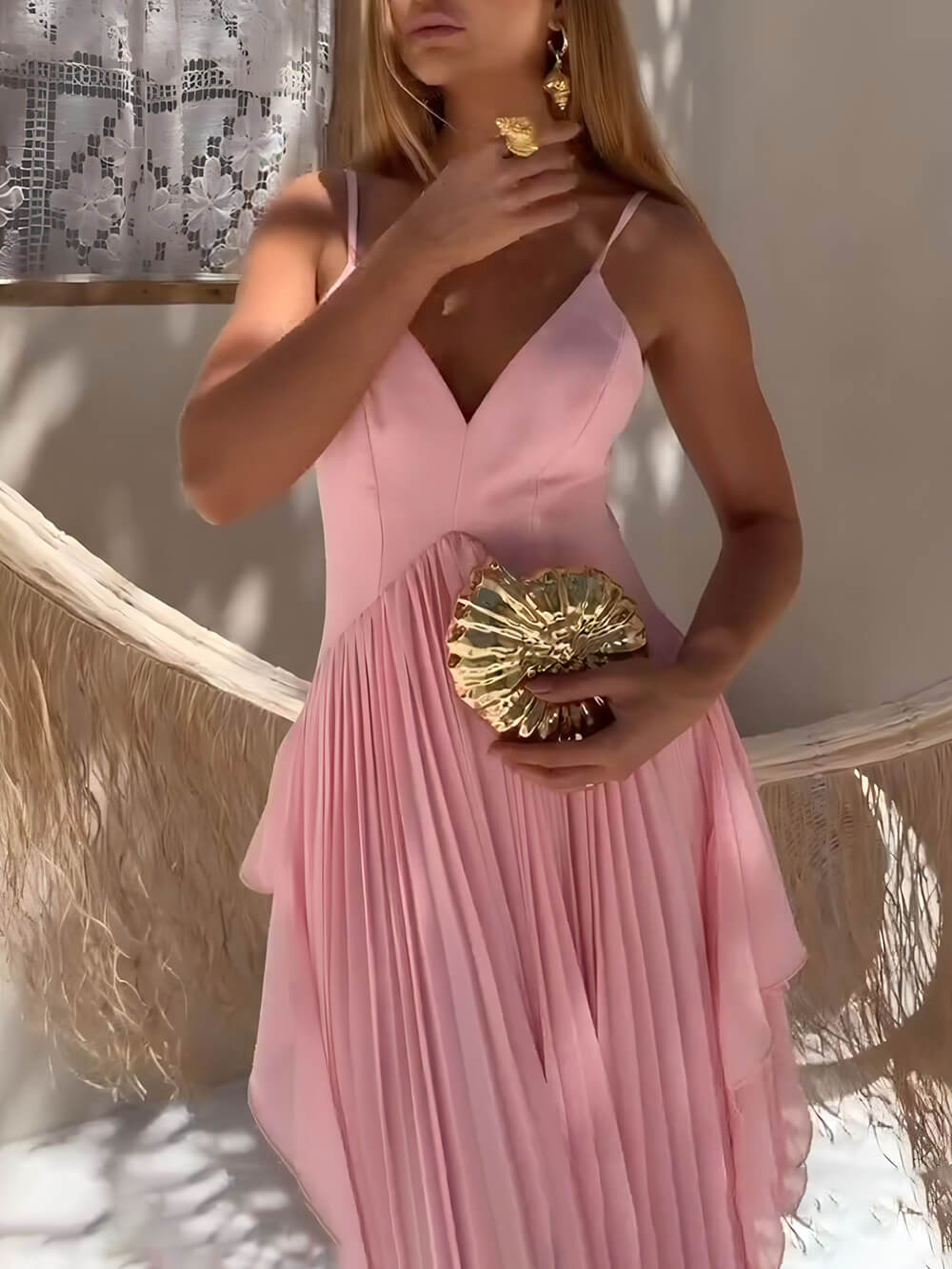 Delicate Pink Layered Patchwork Ruched Party Maxi Dress