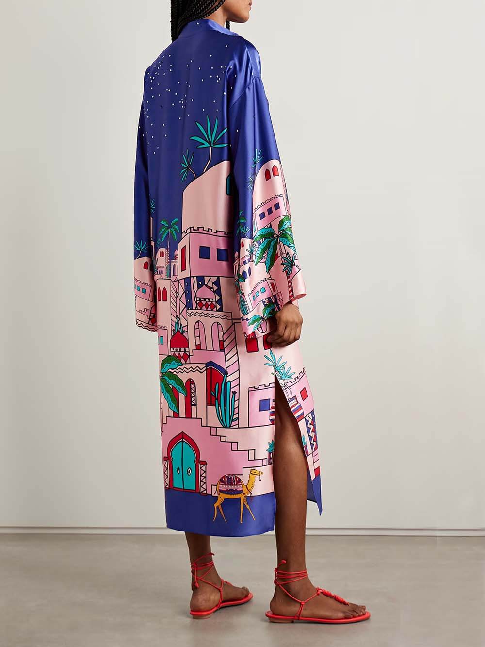 Unique Seaside Satin Print Button Up Long Sleeve Slit Kaftan Midi Dress