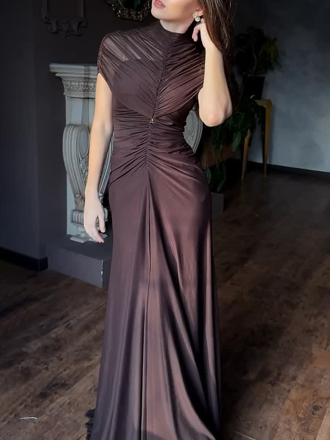 Mesh Pleated Short-sleeved Maxi Dress