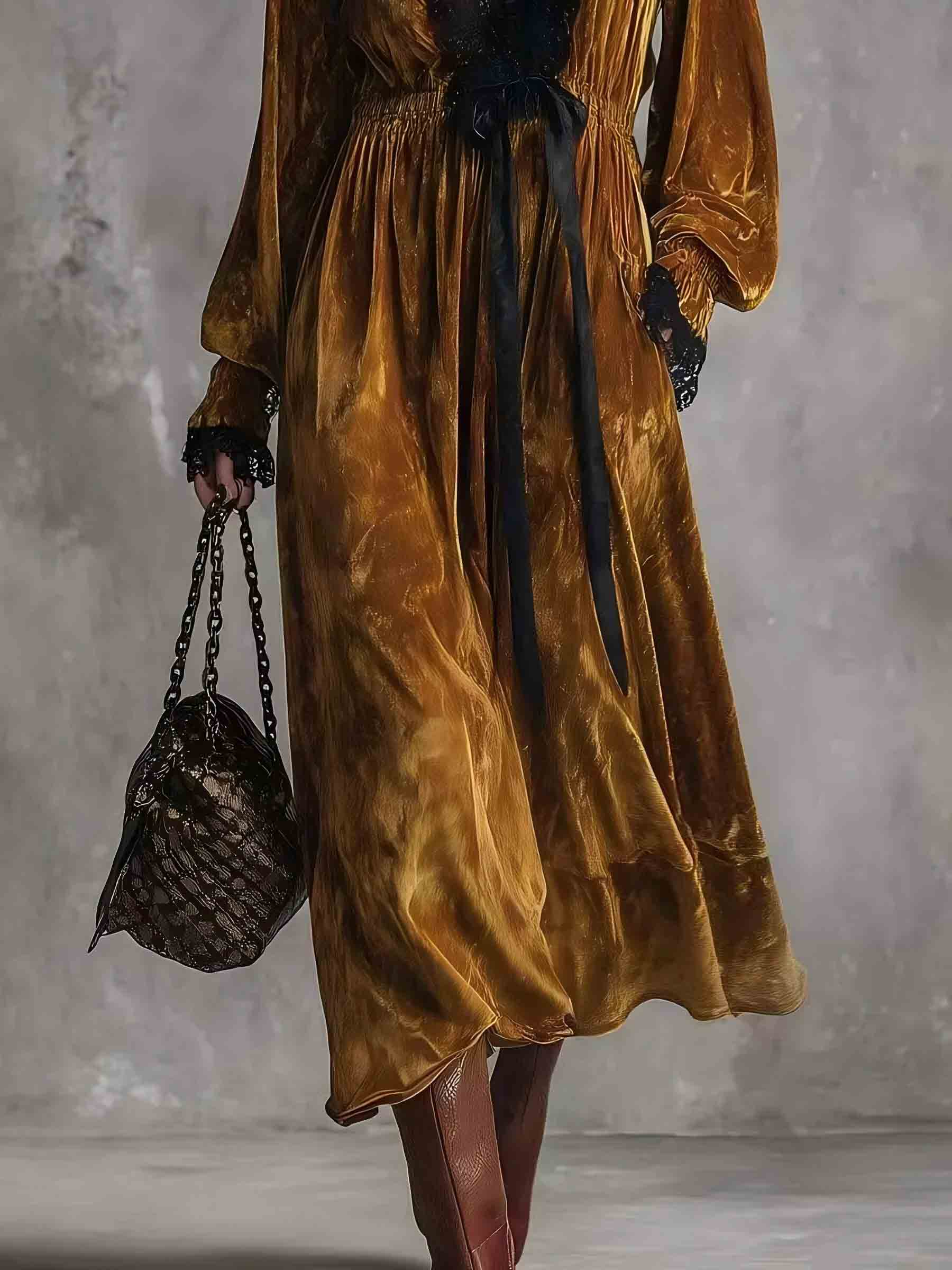 Elegant V-neck Velvet And Lace Patchwork Dress