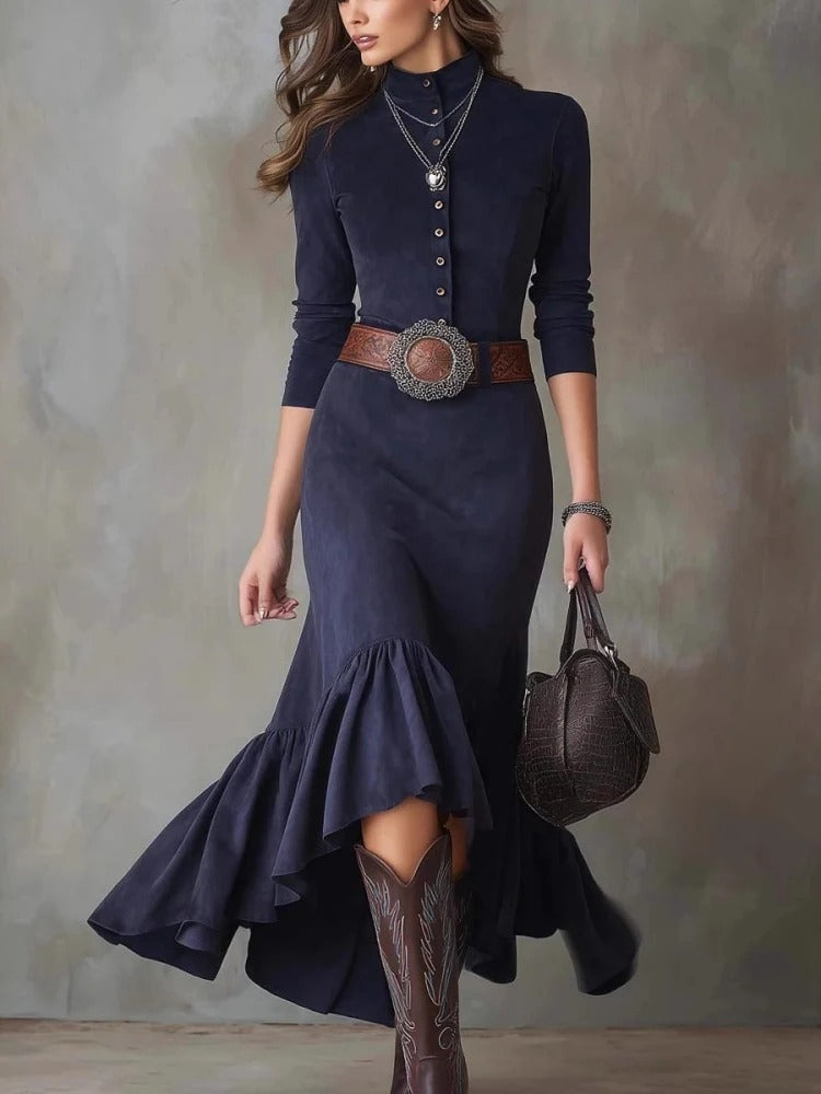 Elegant Suede Asymmetrical Hem Midi Dress