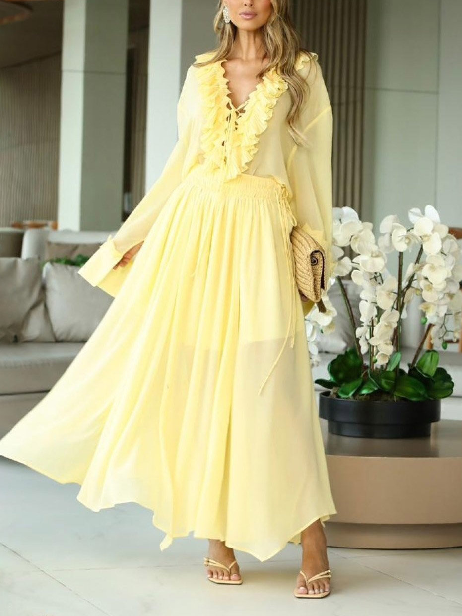 Elegant High-Waist Pleated Chiffon Maxi Skirt