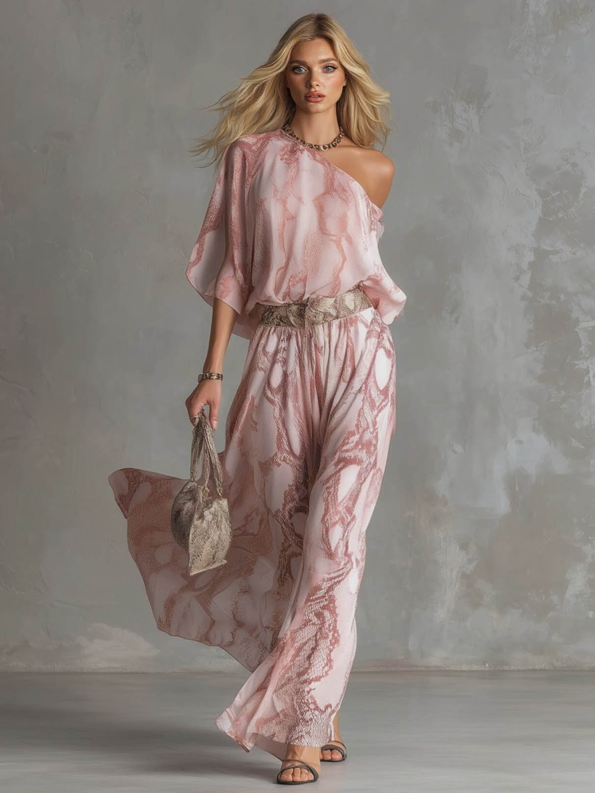 Snake Print One-Shoulder Top & Wide-Leg Pants Set