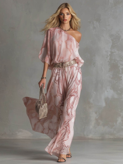 Snake Print One-Shoulder Top & Wide-Leg Pants Set