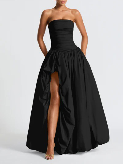 Elegant Strapless Ruched High-Slit Ball Gown Maxi Dress