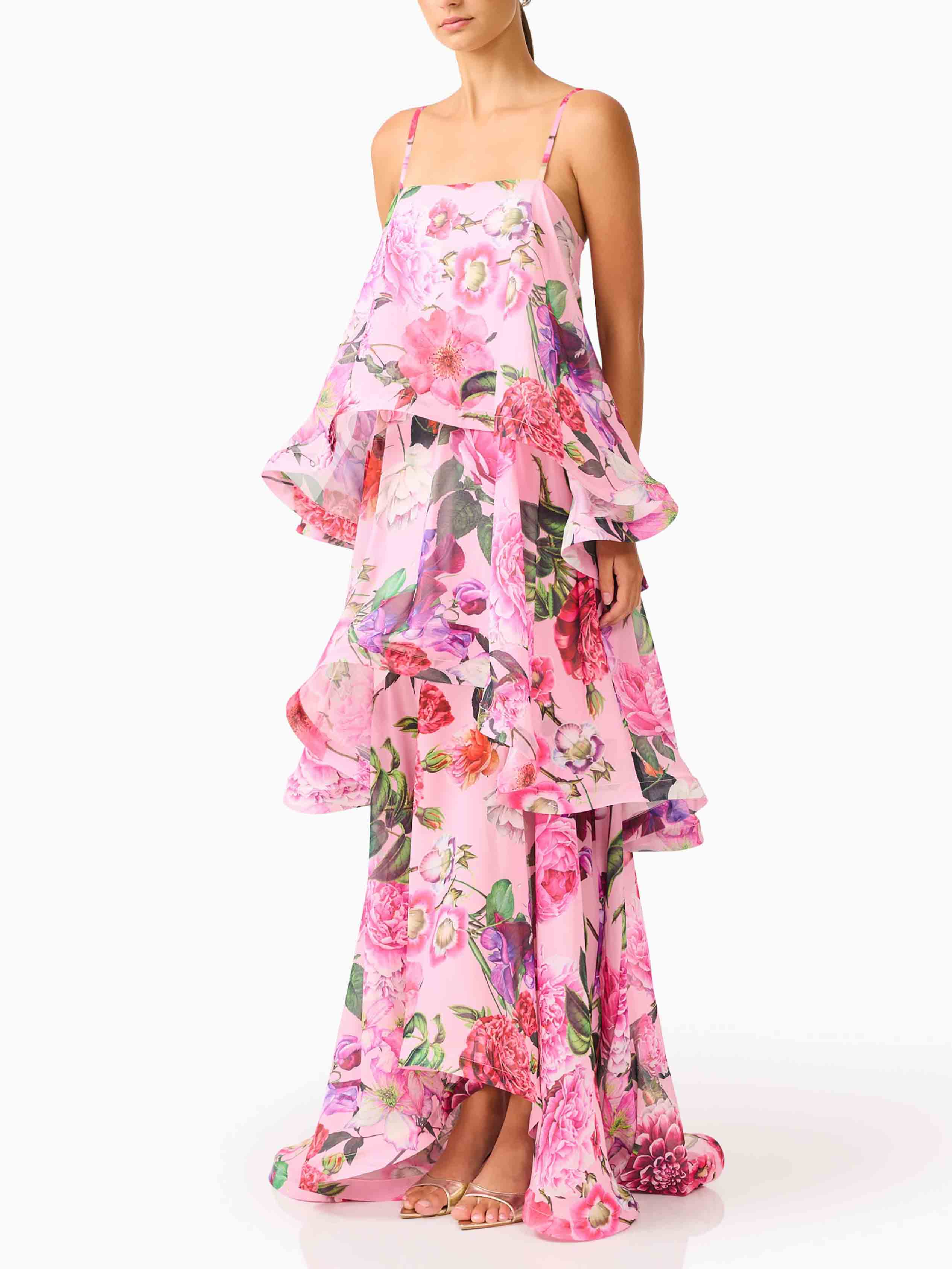 Elegant Pink Floral Spaghetti Strap Tiered Ruffle Flowy Maxi Dress
