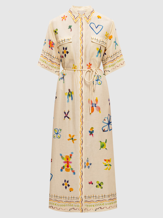 Elegant Hand-Painted Watercolor Print Shirt Midi Dress