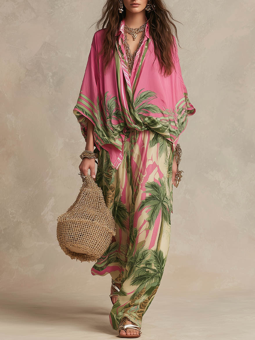 Bohemian Tropical Print Flowy Top & Wide-Leg Pants Two-Piece Set