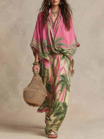 Bohemian Tropical Print High-Waist Wide-Leg Pants