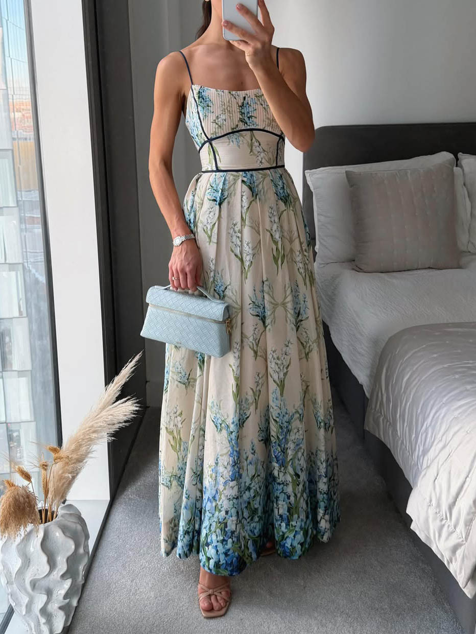 Elegant Square Neck Gradient Floral Spaghetti Strap Maxi Dress