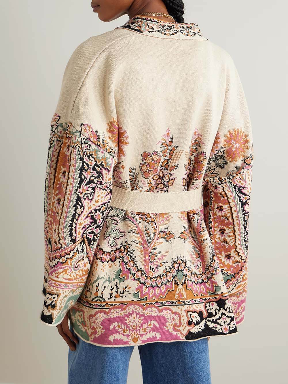 Classic Unique Print Belted Cotton-Linen Jacquard Cardigan