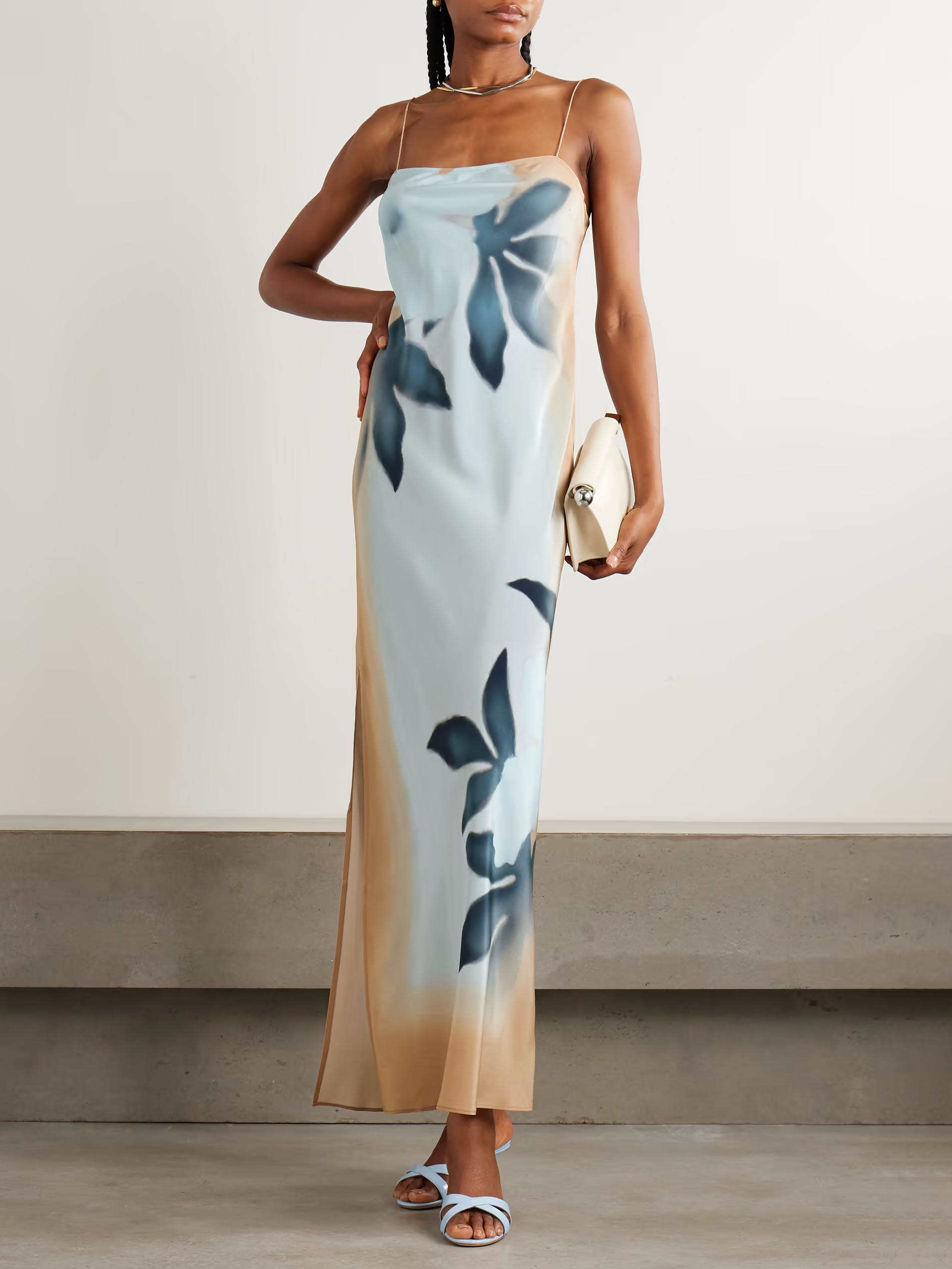 Unique Floral Print Halter Neck Slit Maxi Dress