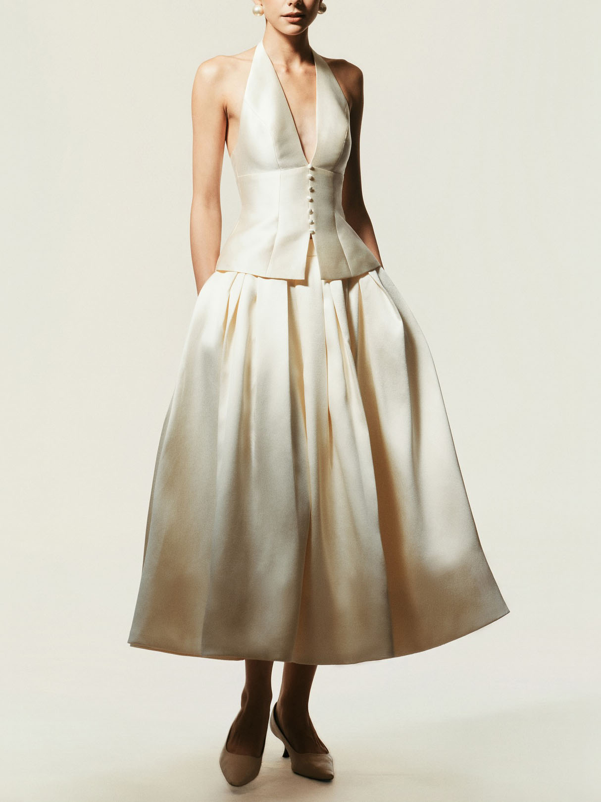 Elegant Halter Neck Vest A-line Skirt Two-piece Set