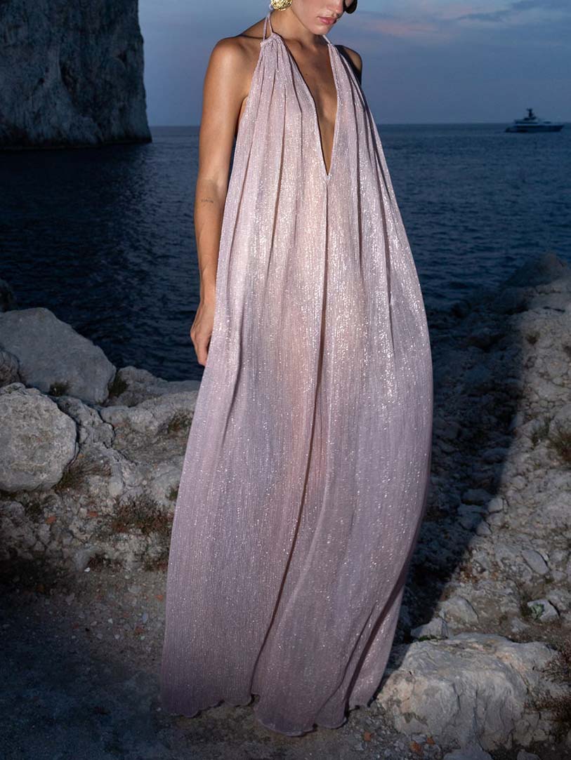 Elegant Tulle Pleated Evening Gown Maxi Dress