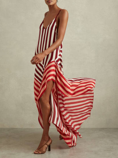 Exquisite Color-Block Striped Asymmetric Maxi Dress