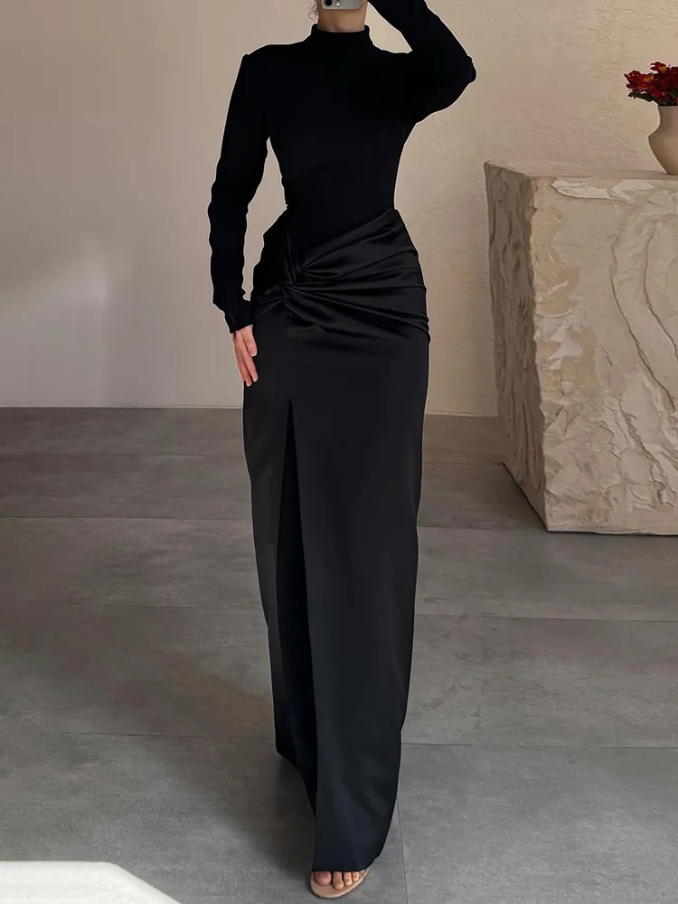 Elegant High Neck Twist Slit Maxi Dress