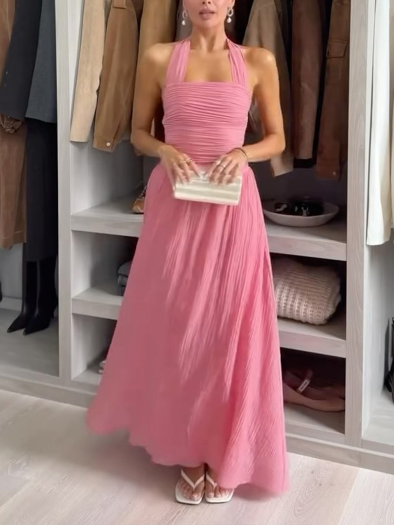 Elegant Halter Neck Ruched Waist Flowing Maxi Dress