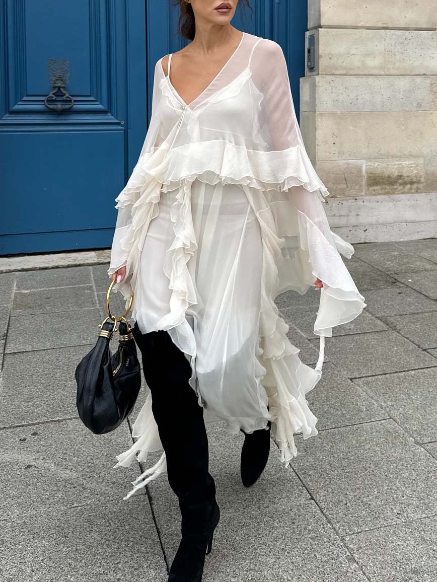 Elegant Tulle Ruffled Flowy Beach Maxi Dress