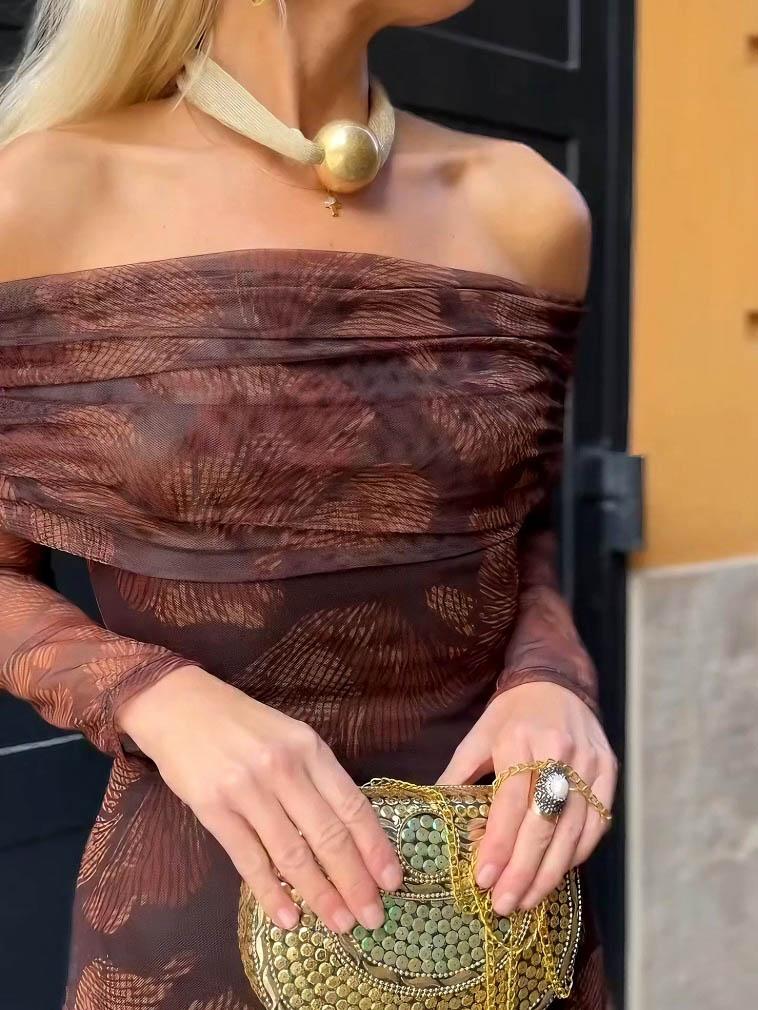 Retro Mesh Print Off-shoulder Maxi Dress