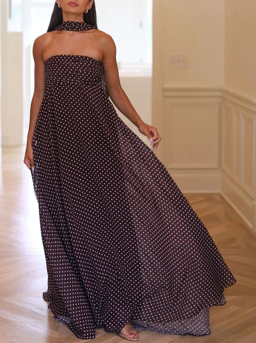 Elegant Off-the-shoulder Polka Dot Print Scarf Maxi Dress