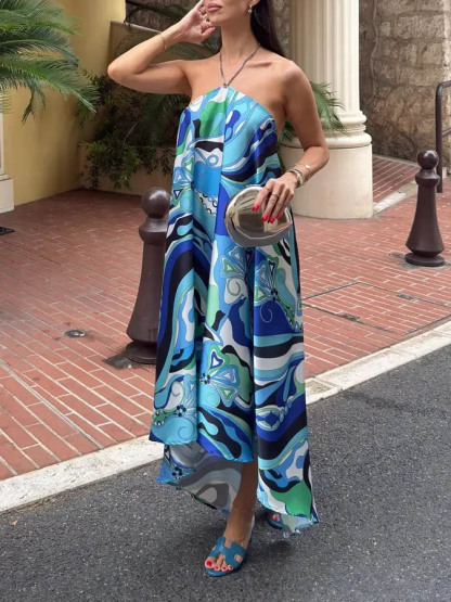 Elegant Halterneck Abstract Floral Print Midi Dress