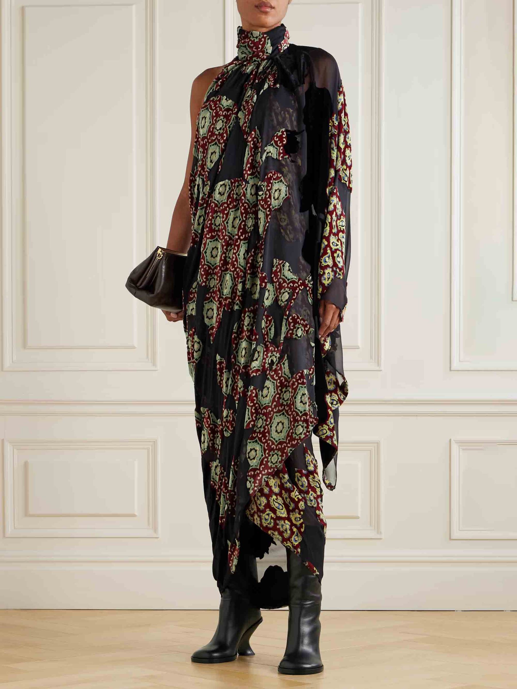 Elegant Halterneck Pleated Print Maxi Dress