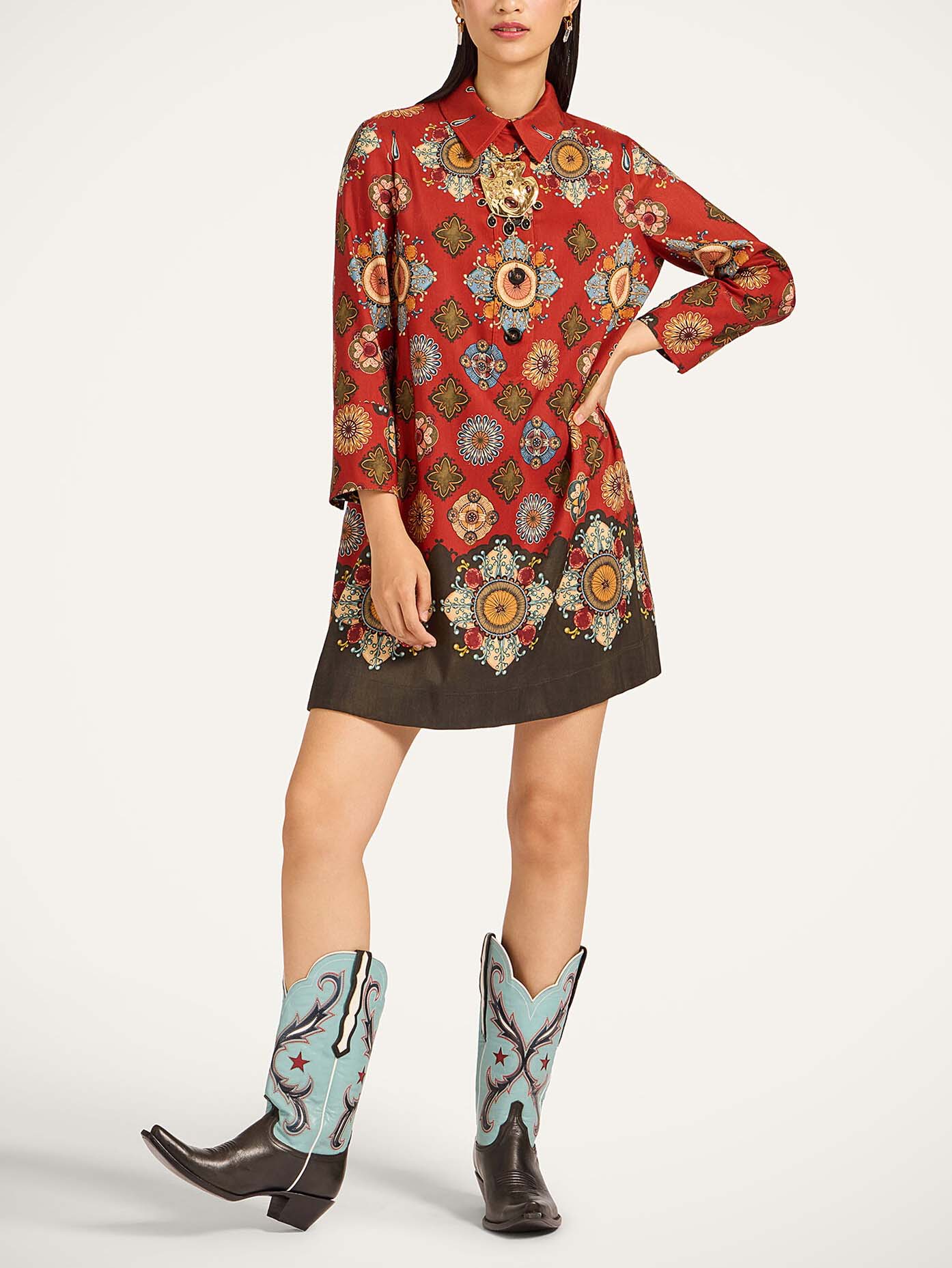 Elegant Satin Printed Shirt-neck Long-sleeved Mini Dress