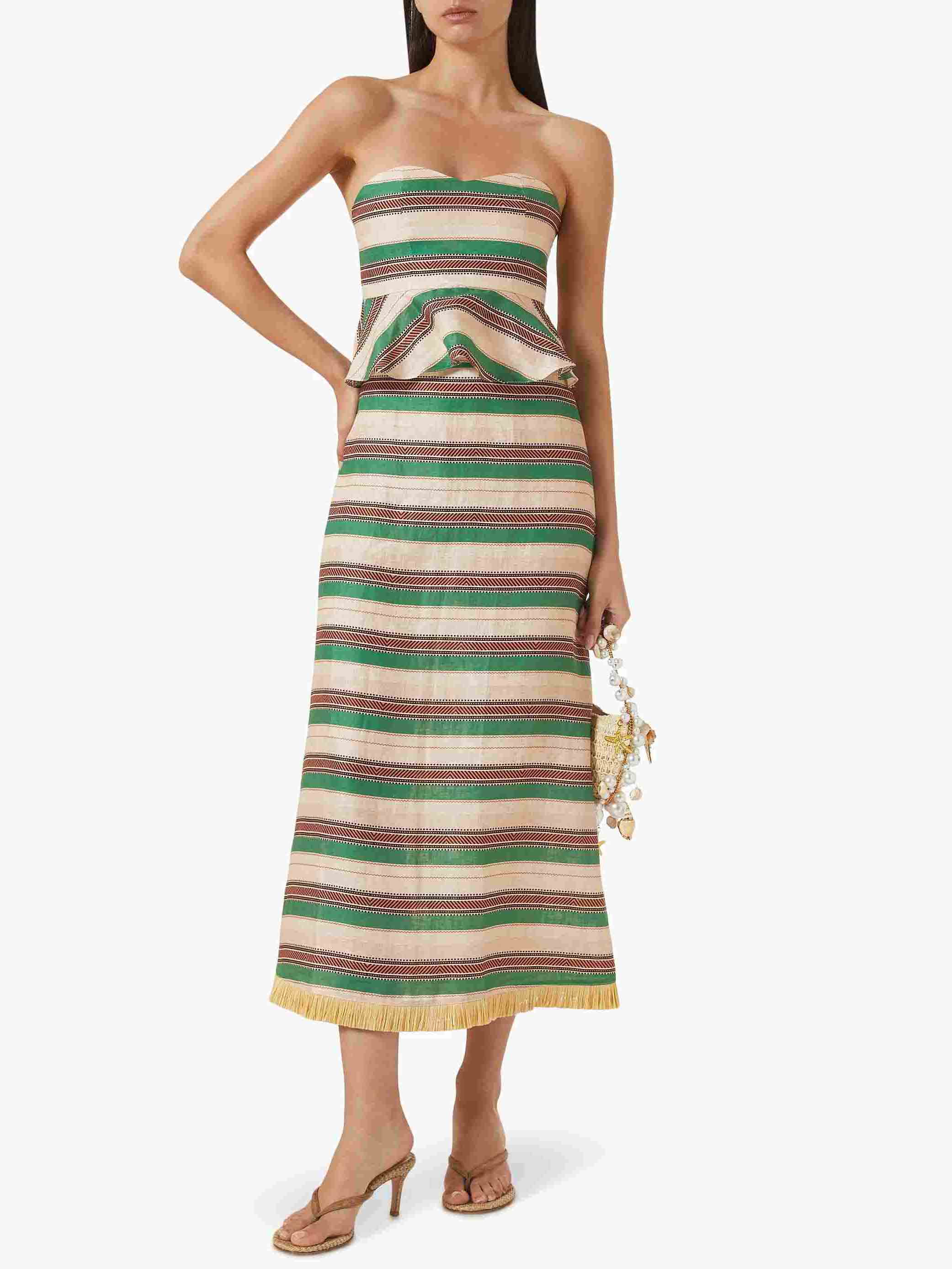 Striped Print Ruffle Hem Crop Top & Fringe Skirt Two-Piece Set