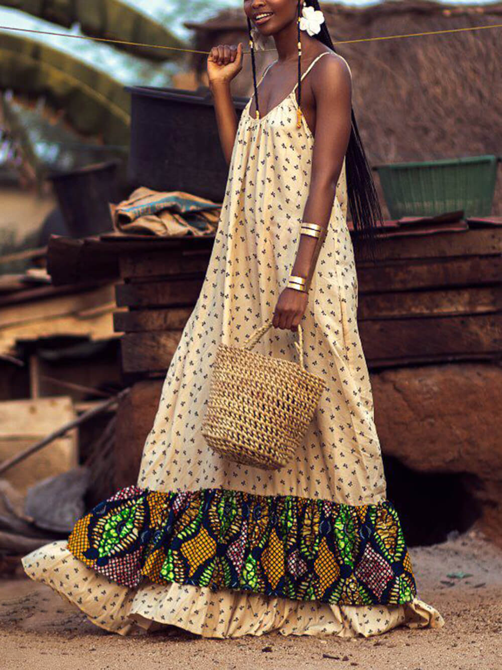 Bohemian Patchwork Print Off-Shoulder Vacation Maxi Dress