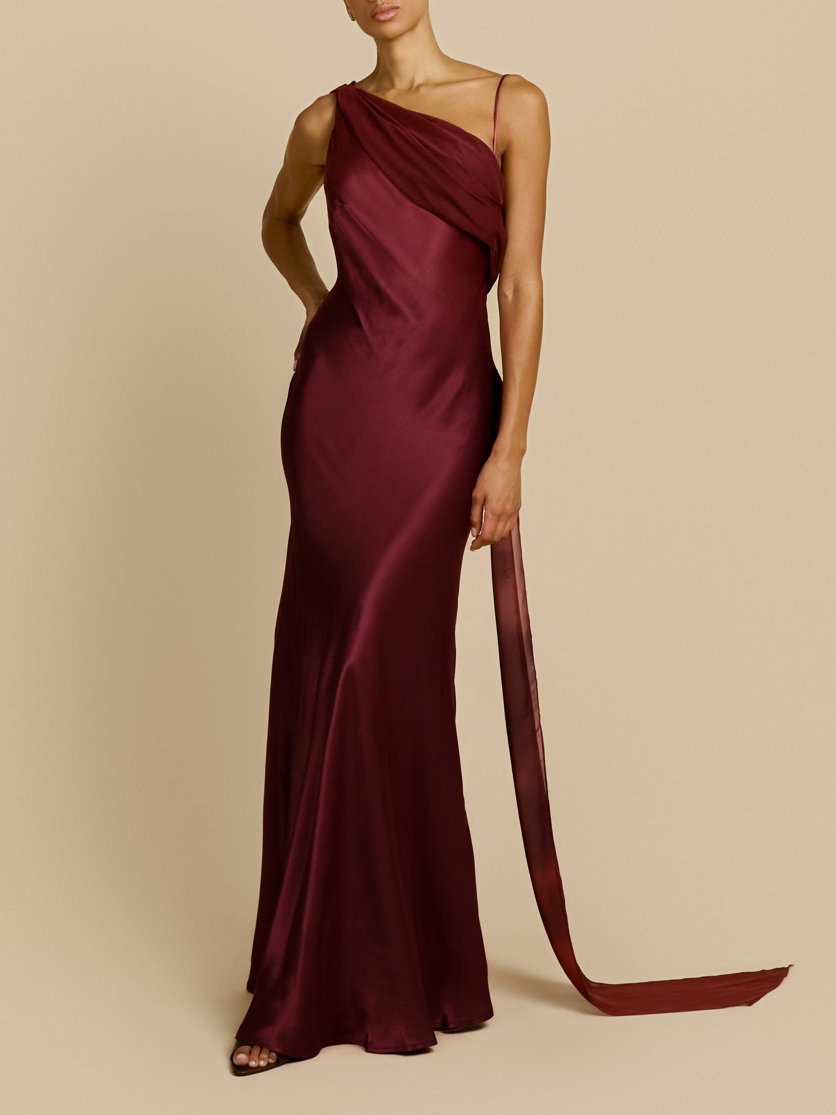 Elegant Satin Asymmetric One Shoulder Maxi Dress
