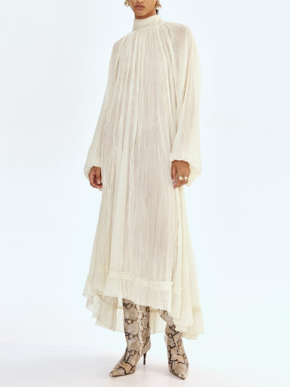 Elegant High-Neck Pleated Long-Sleeve Maxi Dress