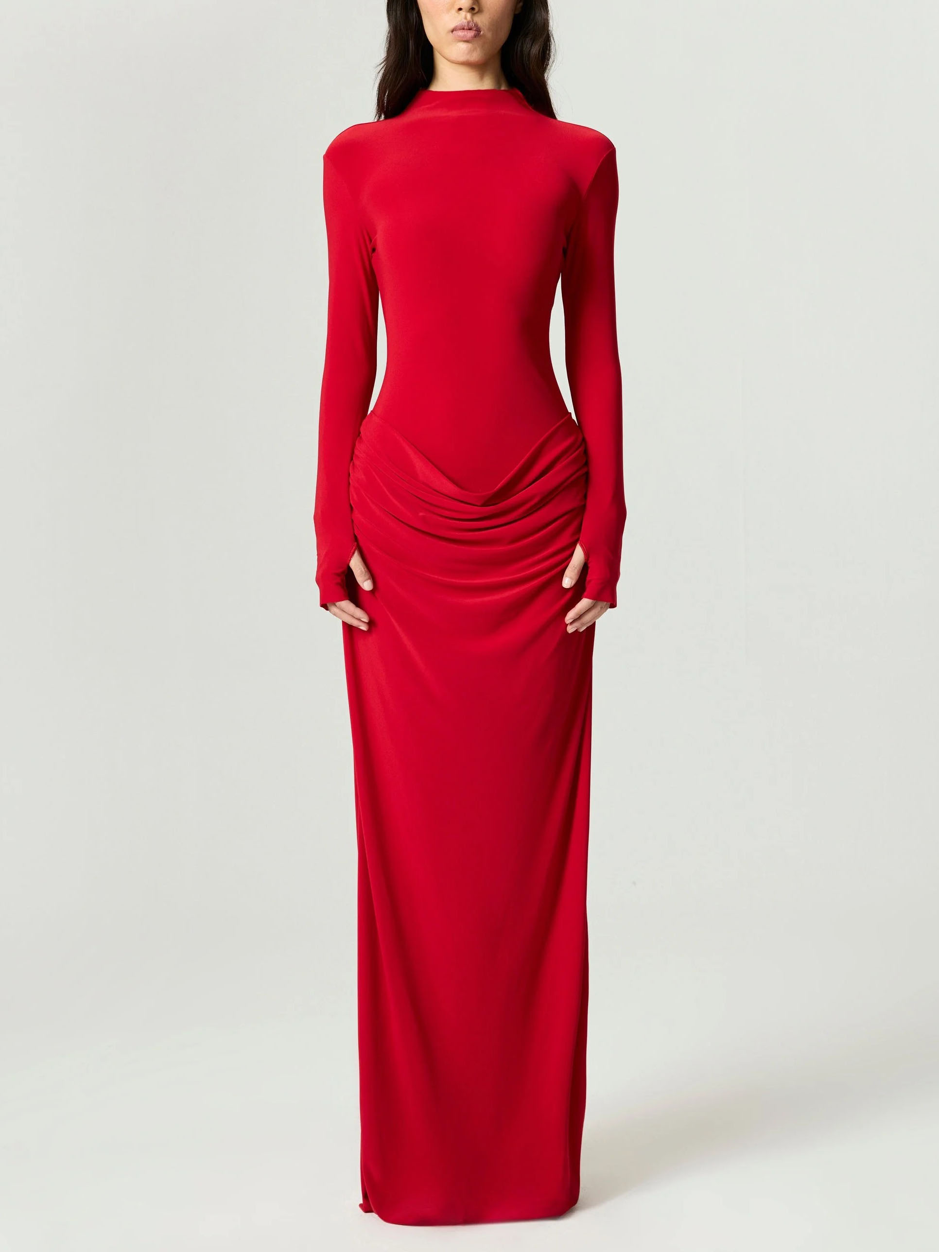 Elegant High-Neck Ruched Long-Sleeved Bodycon Maxi Dress