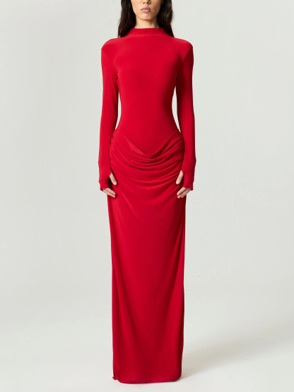 Elegant High-Neck Ruched Long-Sleeved Bodycon Maxi Dress