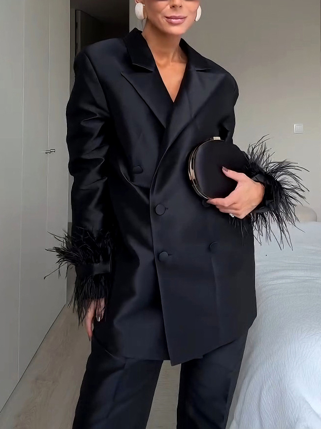 Elegant Satin Feather-embellished Double-breasted Blazer