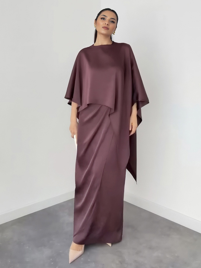 Elegant Satin Cape Sleeve Top & Maxi Skirt Two-Piece Set
