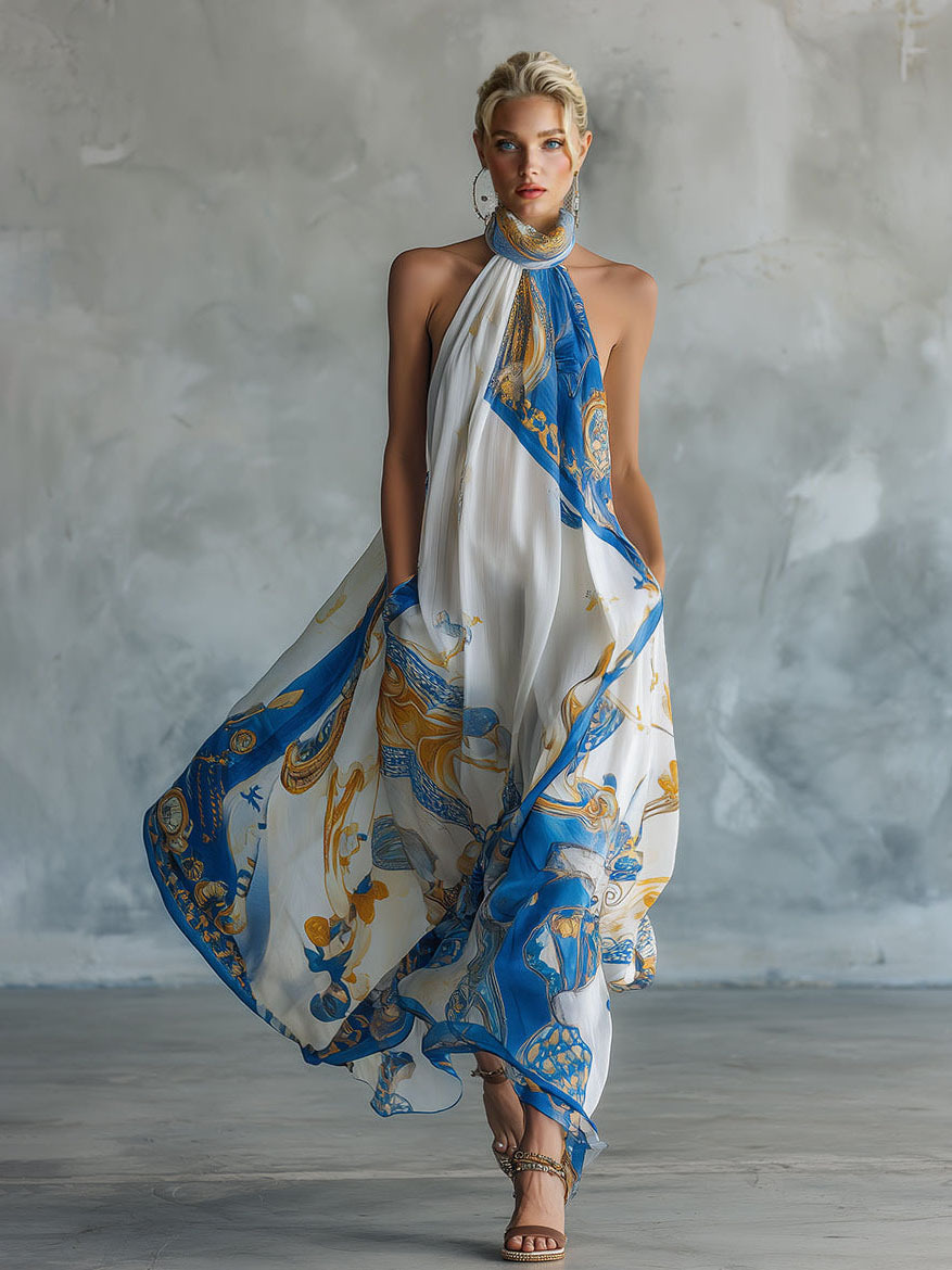 Elegant Baroque Print Chiffon Sleeveless Maxi Dress