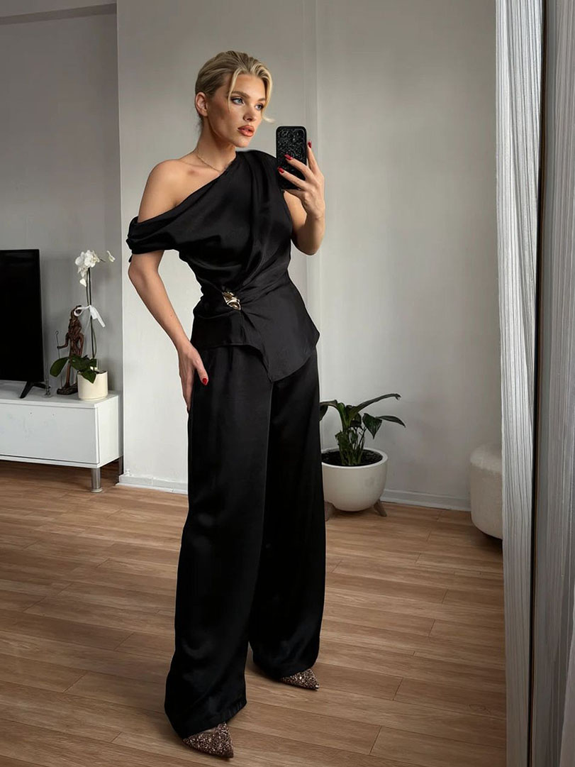 Elegant Satin One-Shoulder Draped Top & Wide-Leg Pants Two-Piece Set