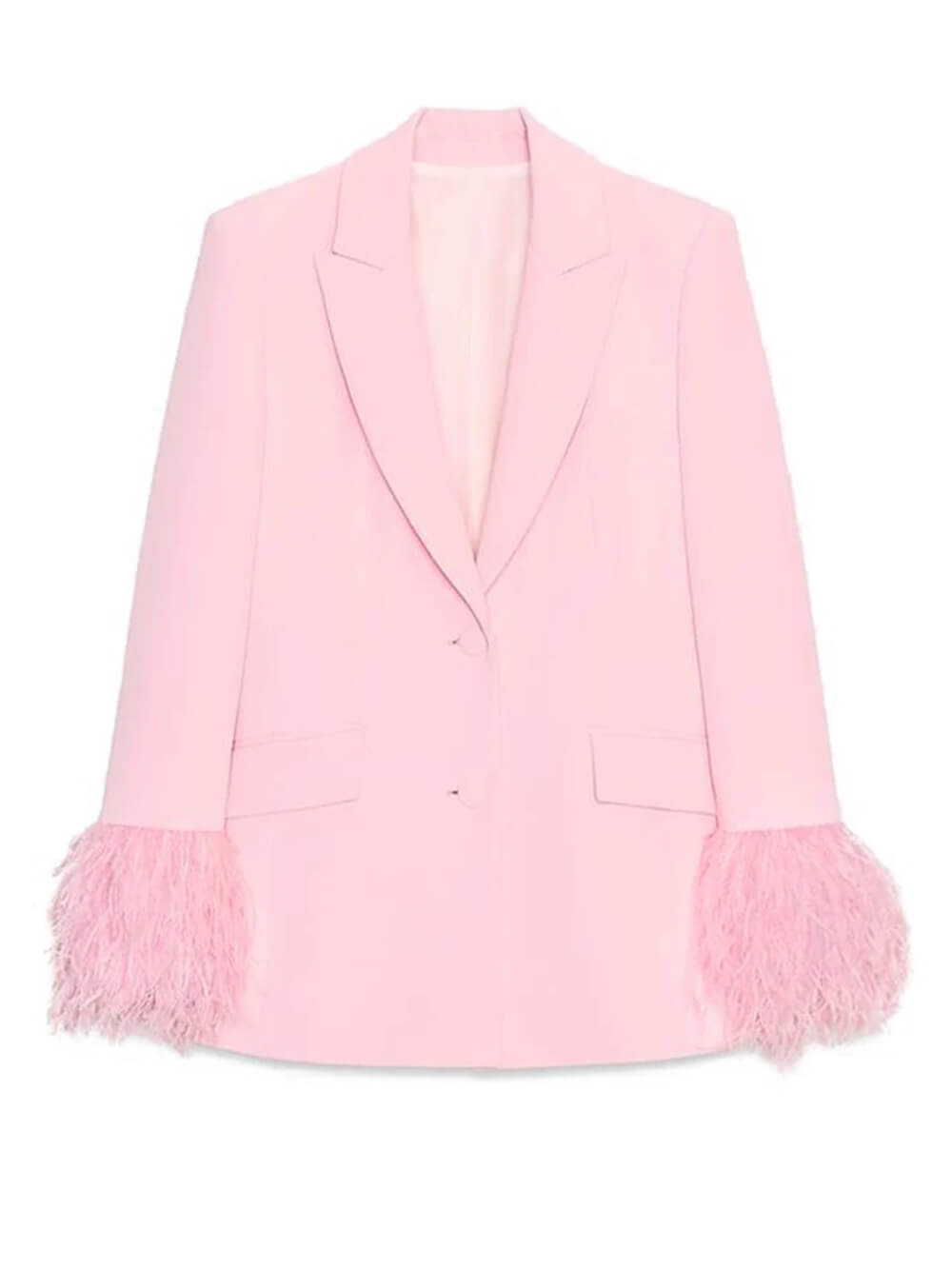 Elegant Pink Feather-Trim Long-Sleeve Blazer