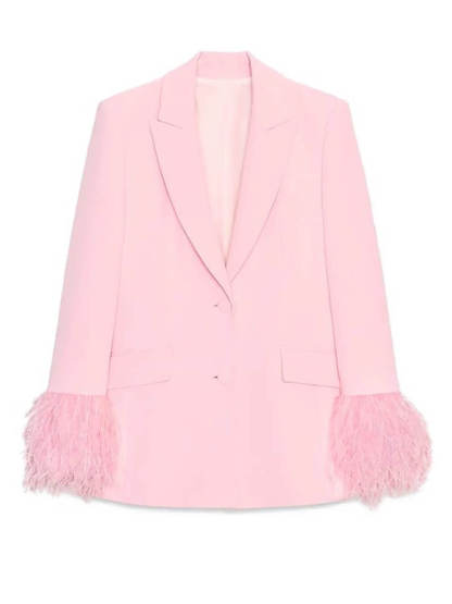 Elegant Pink Feather-Trim Long-Sleeve Blazer