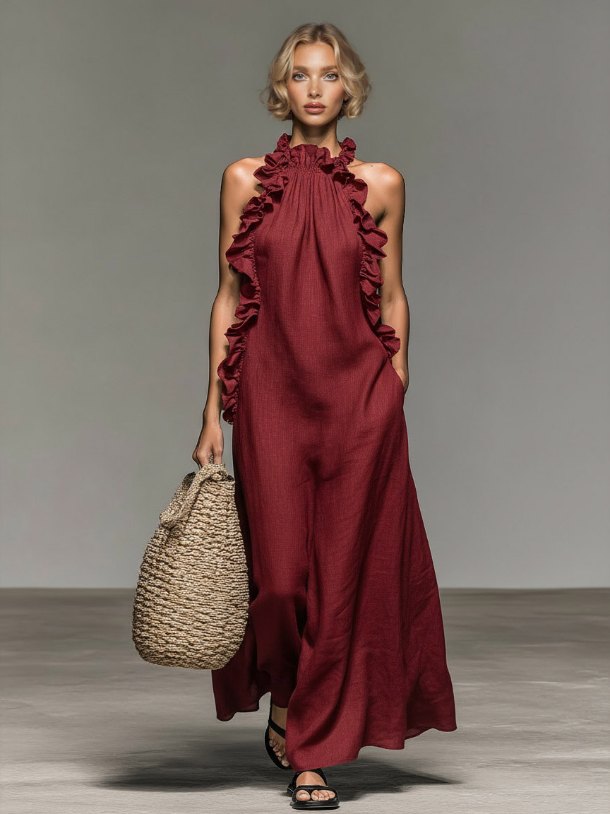 Elegant Ruffle Halter Neck Maxi Dress