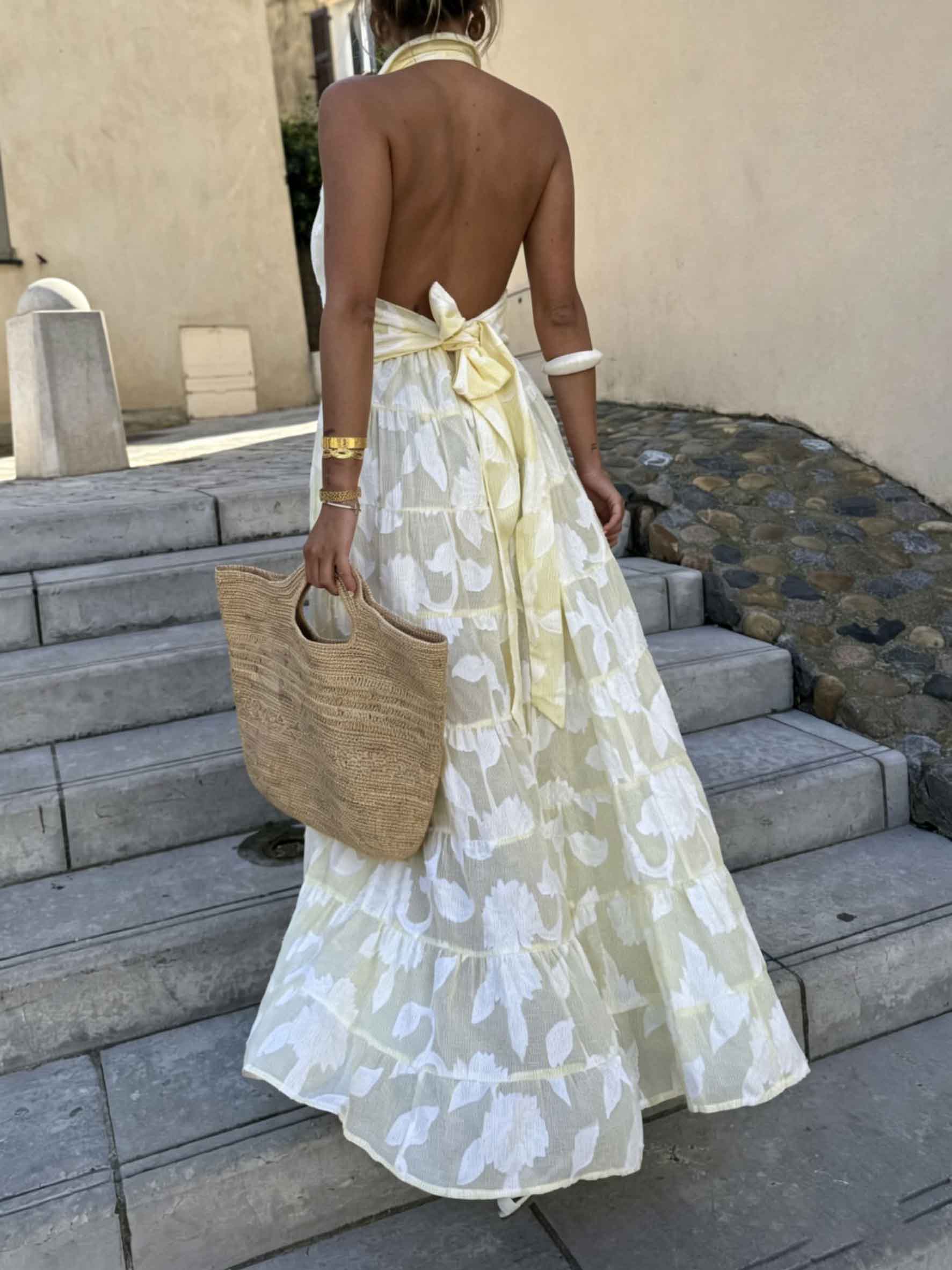 Exquisite Striped Floral Jacquard Backless Layered Maxi Dress