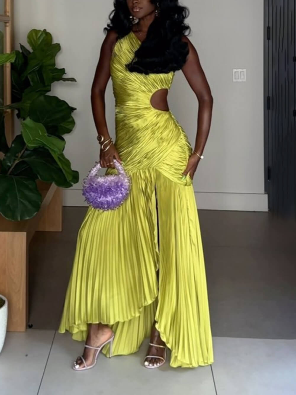 Fashion One-Shoulder Cutout Ruched Maxi Dress