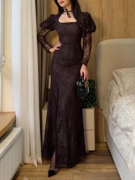Elegant Square-Neck Lace Puff-Sleeve Maxi Dress