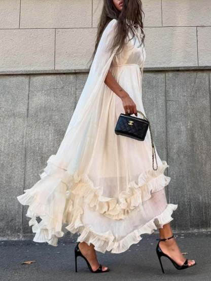 Exquisite Fashionable V-neck Lace-up Ruffled Double-layer Hem Maxi Dress