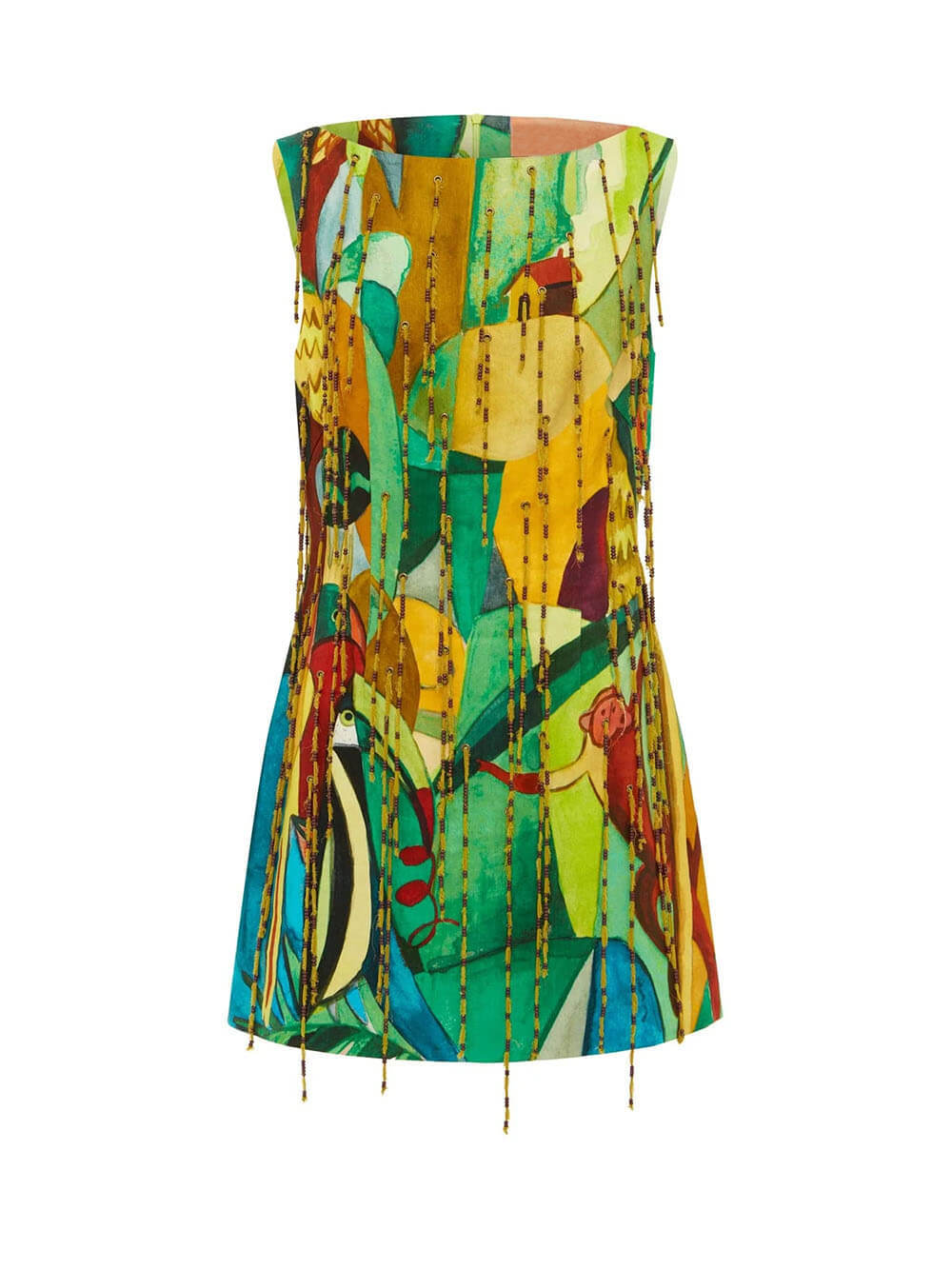 Exquisite Printed Straight Neck Fringe Mini Dress